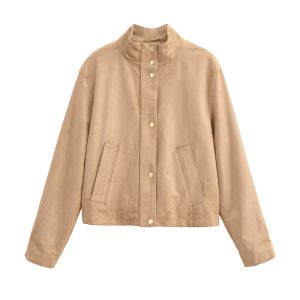 Womens Casual Stand-collar Suede-fleece Long-sleeve Jacket