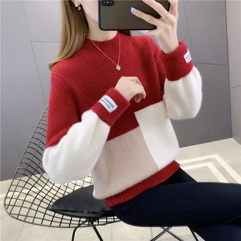 Womens High-Waisted Colorblock Mink-Blend Sweater - الصورة 8