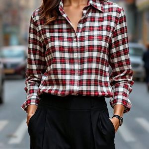 Womens Plaid Shirt Slimming, Figure-Hugging Korean-Style Long-Sleeve Top