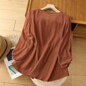 Womens SpringAutumn V-Neck Cotton-Linen Shirt With Loose