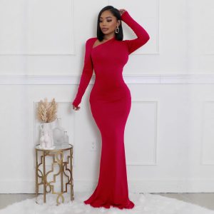 Womens Solid-Color Long-Sleeve Slim-Fit Dress