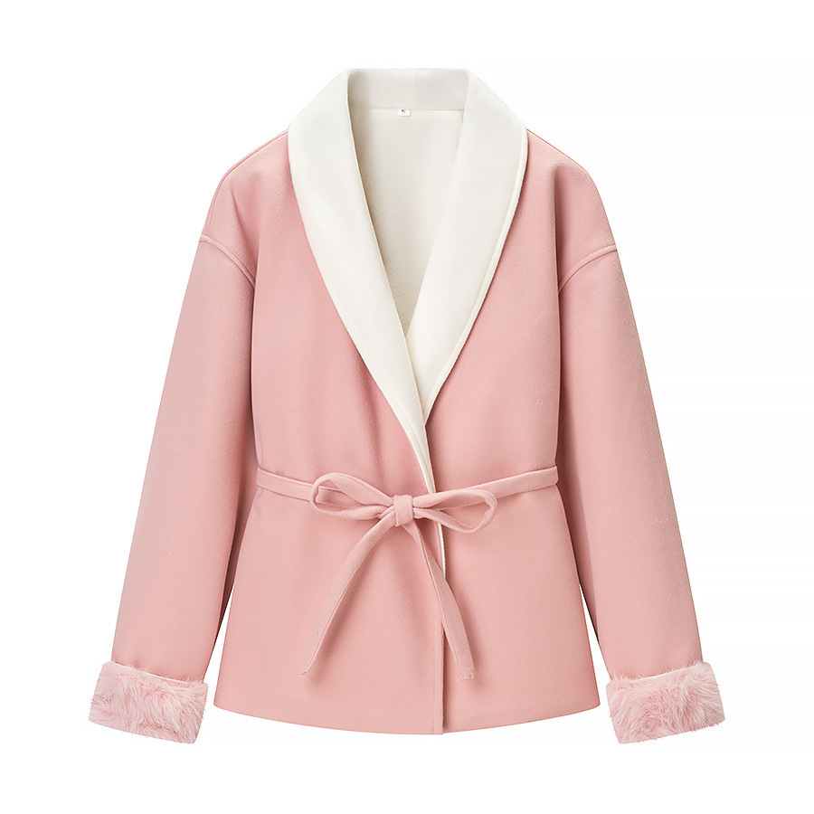 Casual Waist Belt Spliced Woolen Coat - الصورة 4