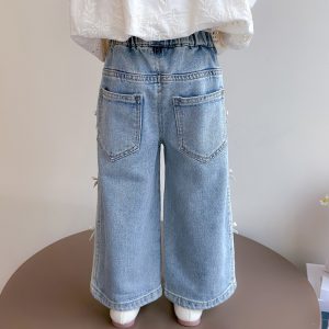 New Autumn Denim Wide-Leg Straight Pants With Bow For Kids