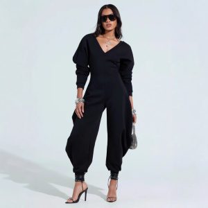 Sexy Long-sleeve Bodycon Jumpsuit With A Tight-fitting V-neck