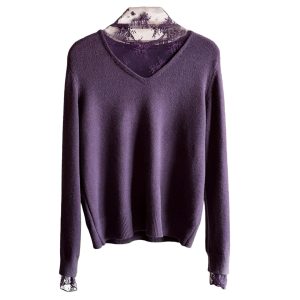 Lace-Panel Fake Two-Piece V-Neck Knitted Sweater