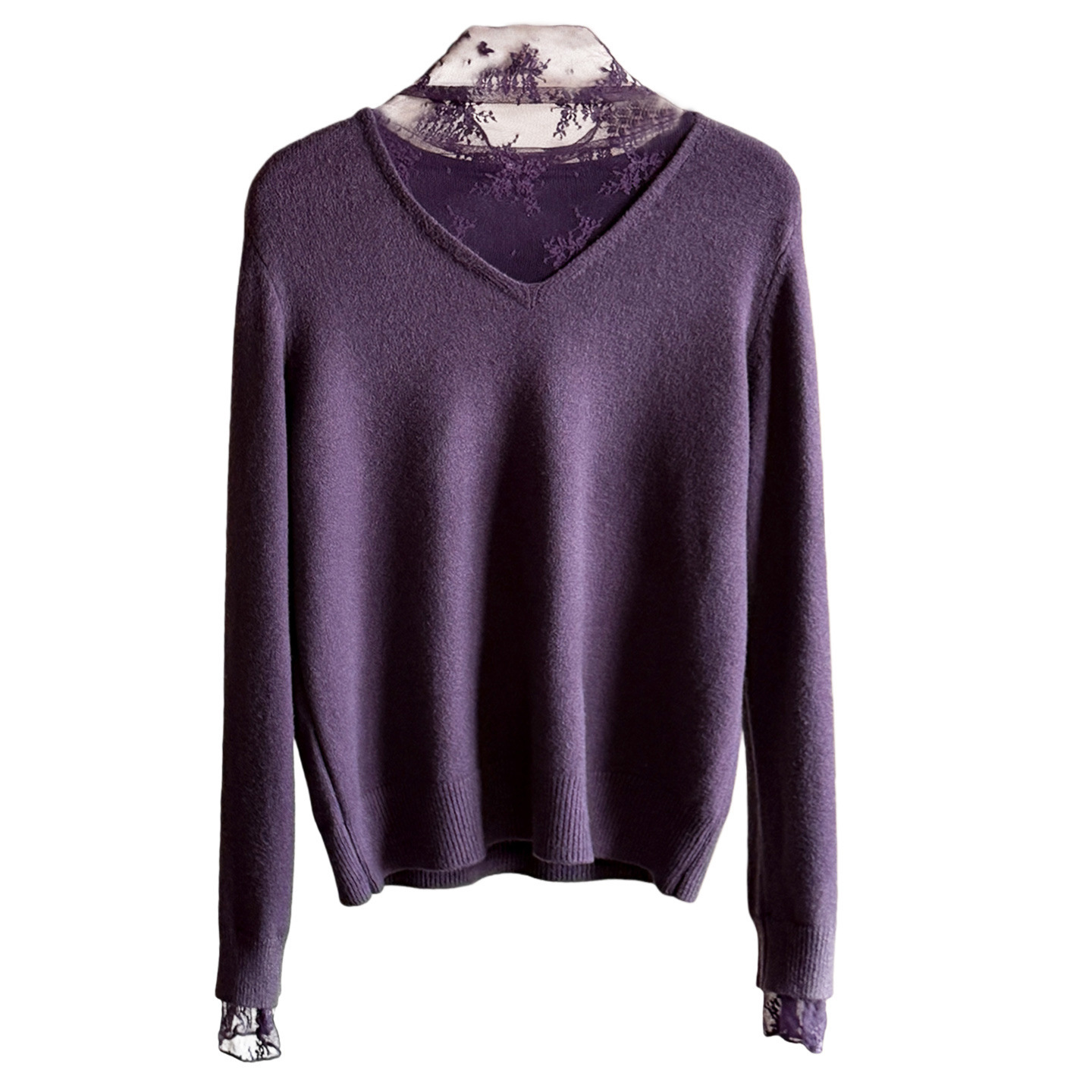 Lace-Panel Fake Two-Piece V-Neck Knitted Sweater - الصورة 3