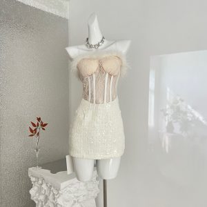 Women's French Strapless Bodycon Dress Lace Fur Trim Splicing Mini Dress For Birthday Dinner Club Night