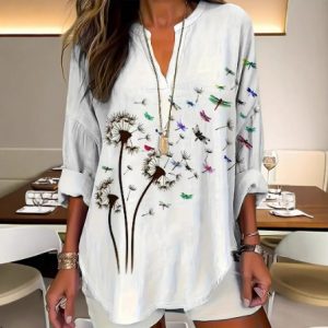 Womens Stand Collar Button-Down Drop Shoulder Long-Sleeve Top