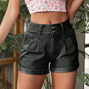 Womens Stylish High-Waisted Cropped Denim Shorts For Commuting