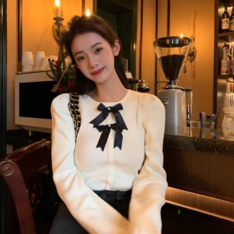French Chic Crew-Neck Top With Bow Detail Pullover Style