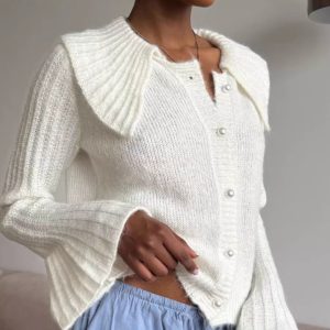 Womens Short Knitted Cardigan With Lapel Collar And Flared Sleeves