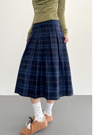 Deep Blue Plaid Preppy-Style Womens A-Line Midi Skirt - Image 6