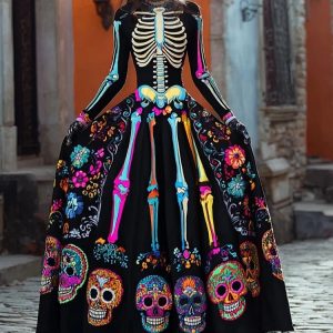 Womens Retro Trendy Long Dress With Skull Print Plus Size