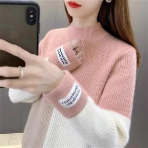 Half Turtleneck Loose Fit Color Block Knit Top For Women