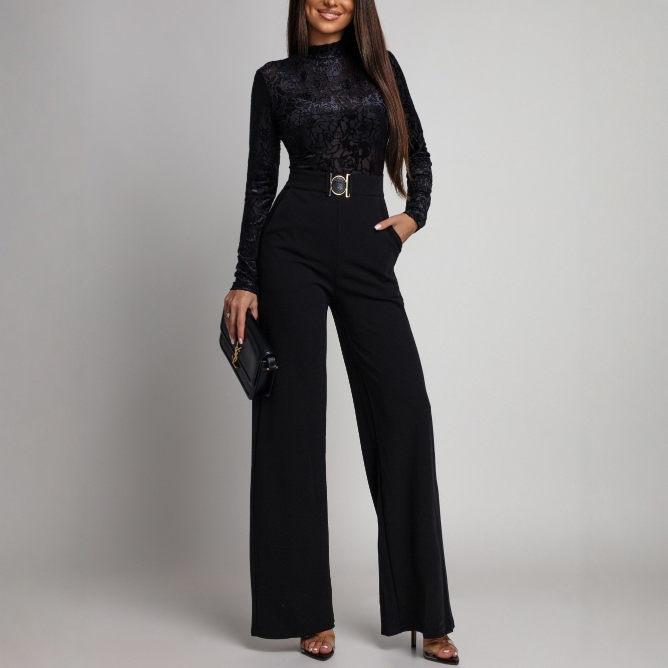 Womens SpringAutumn Lace-Panel Long-Sleeve Jumpsuit - Image 2