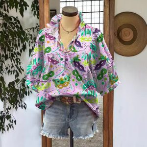 Loose-fitting Womens V-neck Top With Puffed Sleeves