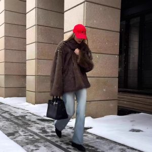 Mid Length Womens Faux Fox Fur Coat With A Blazer Style Collar