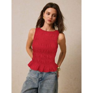 Womens Solid-Color Pleated Crew-Neck Casual Tank Top