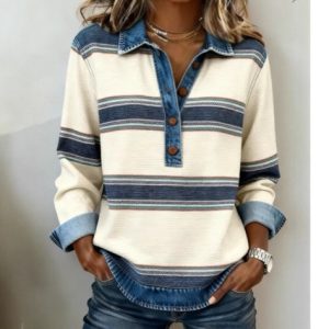 Korean-Style Striped Cable-Knit Preppy-Style Badge Lapel Knit Sweater For Women