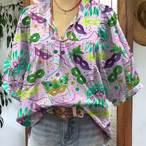 Loose-fitting Womens V-neck Top With Puffed Sleeves