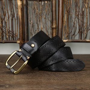 Handmade Retro Chino-style Belt With A Top-layer Cowhide Hollowed-out Design And A Casual Zinc-alloy Buckle For Denim