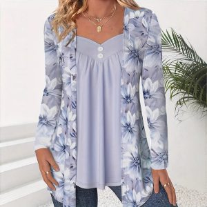 Fashionable Two-in-One Printed Long-Sleeve Top With Buttons