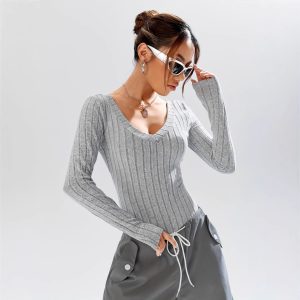 Simple Casual Solid Color Deep V-neck Slim Fit Waist-controlled Long Sleeves Jumpsuit Women