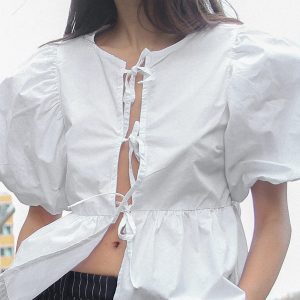 Cotton Lace Up Round Neck Loose Short Sleeved Top