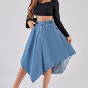 Womens Solid-Color Irregular Denim Skirt High-Waisted Denim Skirt