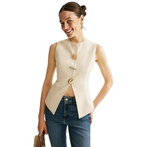 Womens European And American-style Decorative Button Solid-color Sleeveless Jacket
