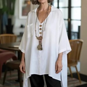 Loose-fit Cotton-linen Top With Buttons For Women