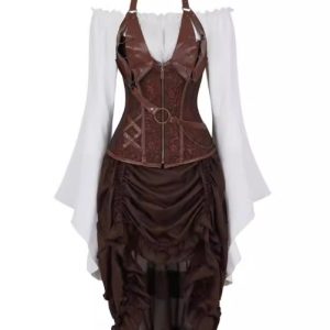 Womens Steampunk Bodycon Dress Pirate Shirt Gothic Corset Bustier