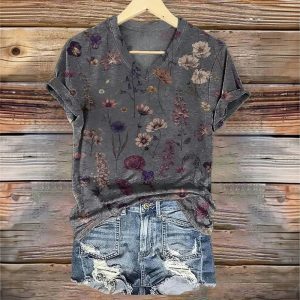 3D Digital Print T-Shirt Womens V-Neck Short-Sleeve Top