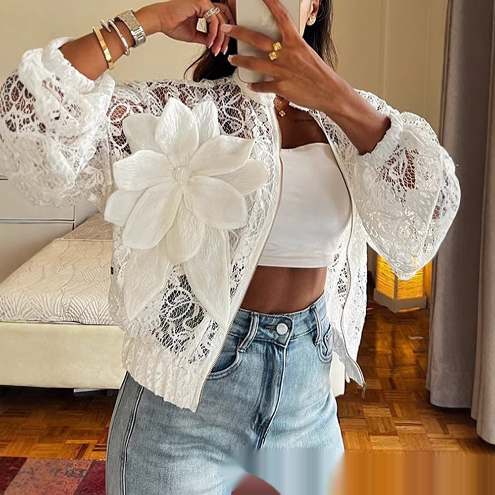 Womens Lightweight Sheer White Lace Fabric Cropped Jacket With 3D Floral Detailing
