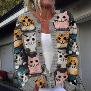 Digital-print Cardigan Knitted Jacket Faux Sweater For Women