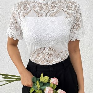 Womens White Lace-panel Trim Top
