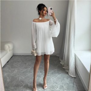 Womens Solid-Color Pleated French-Style Minimalist Off-Shoulder Dress