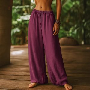 Women's Cotton And Linen Loose Pure Color Elastic Waist Pocket Straight Casual Pants