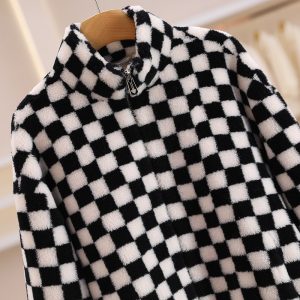 Wool Checkered Stand Collar Zip-up Fleece Short Jacket
