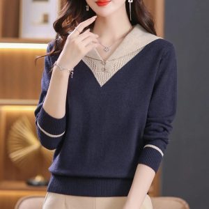 Womens Versatile Navy-Neck Pullover Knit Top
