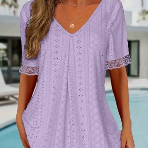 Womens Solid-Color V-Neck Loose Short-Sleeve Pleated T-Shirt Top
