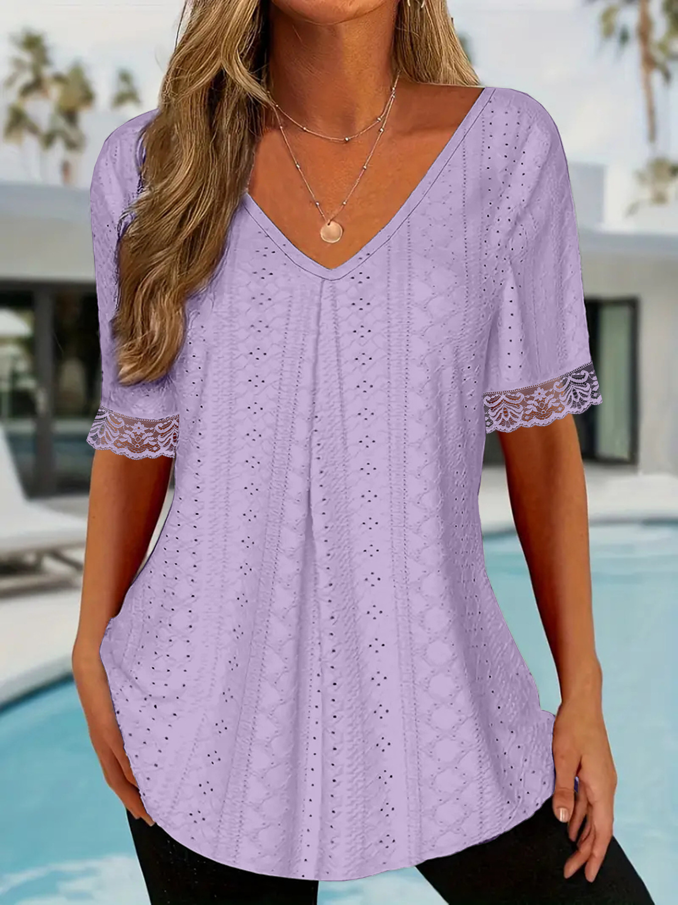 Womens Solid-Color V-Neck Loose Short-Sleeve Pleated T-Shirt Top - Image 8