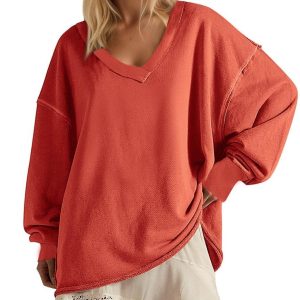 New Solid-color V-neck Loose-fitting Long-sleeve Top For Women