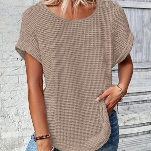 Womens Simple Versatile Lace-Patchwork Crew-Neck Short-Sleeve Top