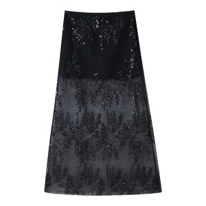 Bead Embroidered High Waist Skirt