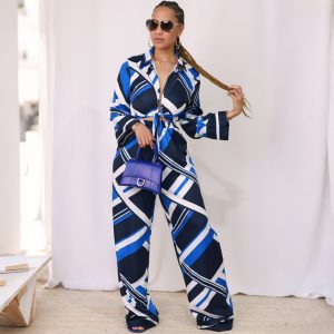 Long-sleeve Tie-neck Lapel Shirt And Wide-leg Pants Set