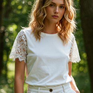 Womens Retro Printed Patchwork Crew-Neck Top