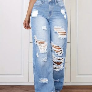 Trendy Washed Ripped Straight Jeans For Women