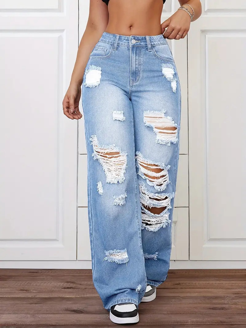 Trendy Washed Ripped Straight Jeans For Women - الصورة 6