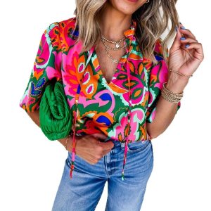 Womens Breathable V-Neck Printed Casual Shirt For Summer Workouts